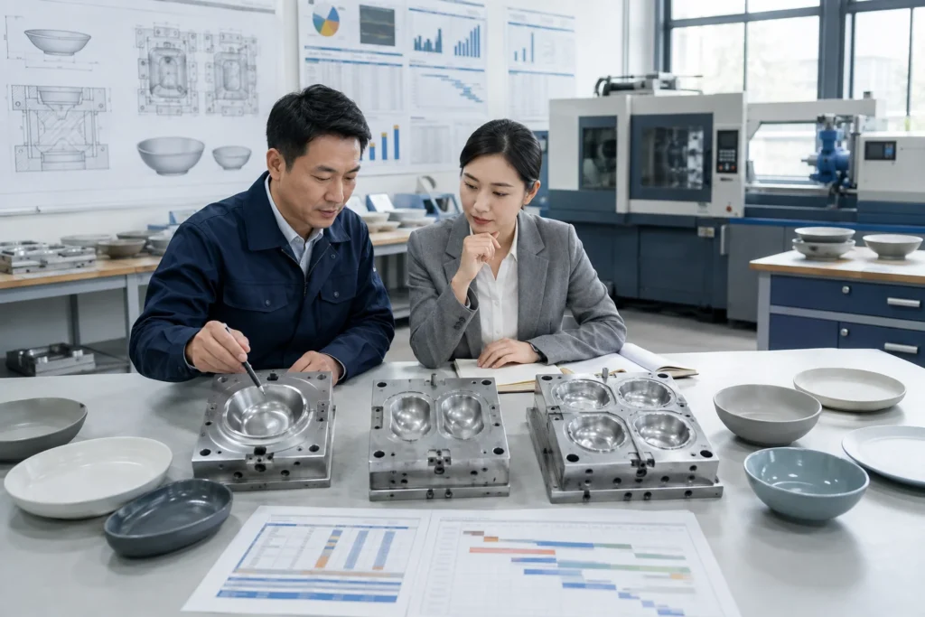 Buyer and tooling engineer review mold cavity count selection for custom tableware production