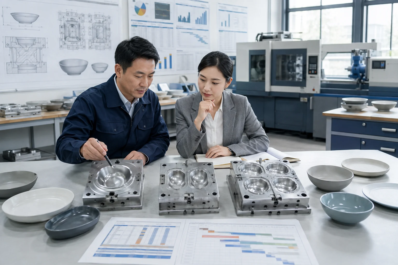 Buyer and tooling engineer review mold cavity count selection for custom tableware production