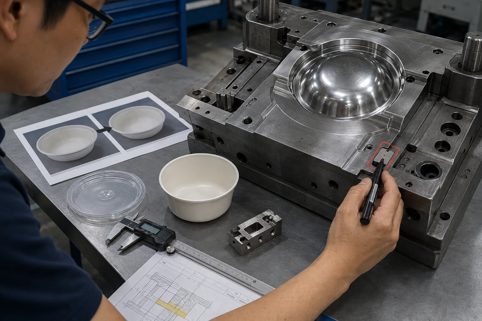 Tooling engineer records mold change impact after custom tableware trial inspection