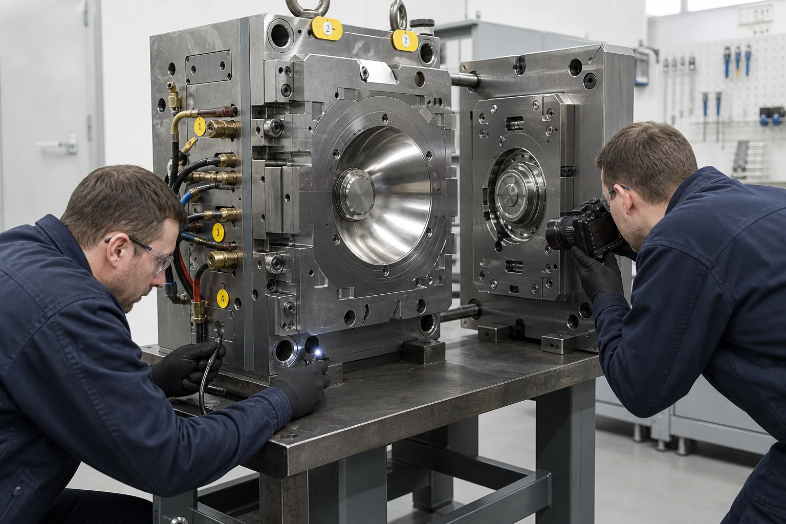 Technician inspects mold cavities slides cooling connections and identification before factory transfer