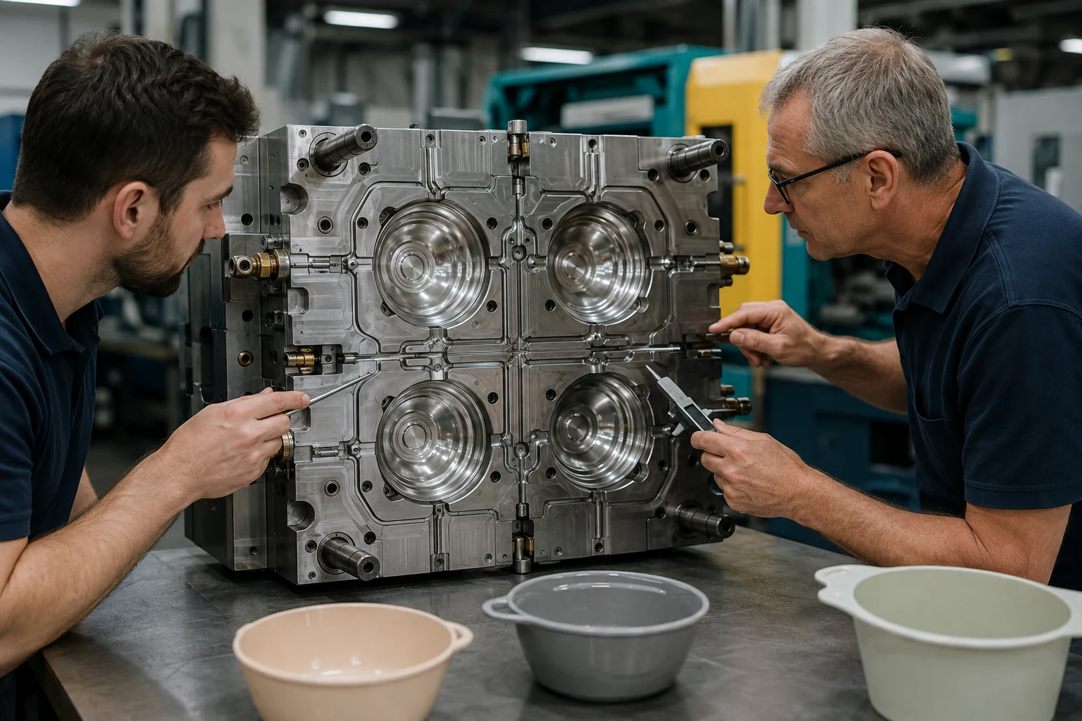 Tooling engineers review balanced runner paths for a multi-cavity tableware mold