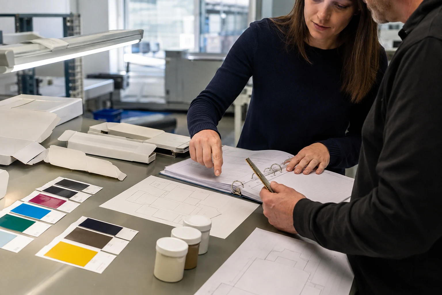 Buyer reviewing ink adhesive specifications and declarations beside printed food packaging samples