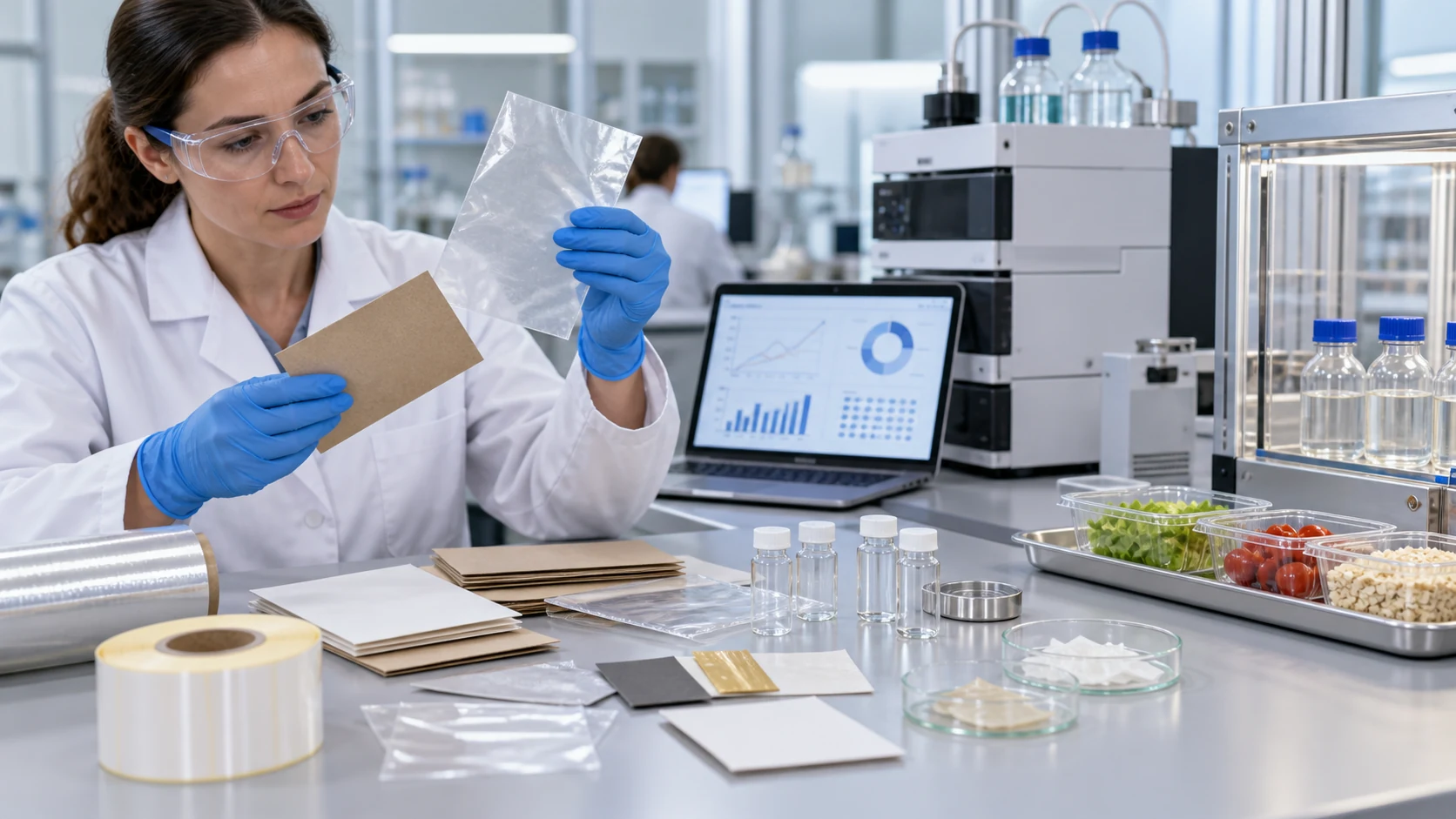 Laboratory specialist reviews food packaging migration test evidence and material samples