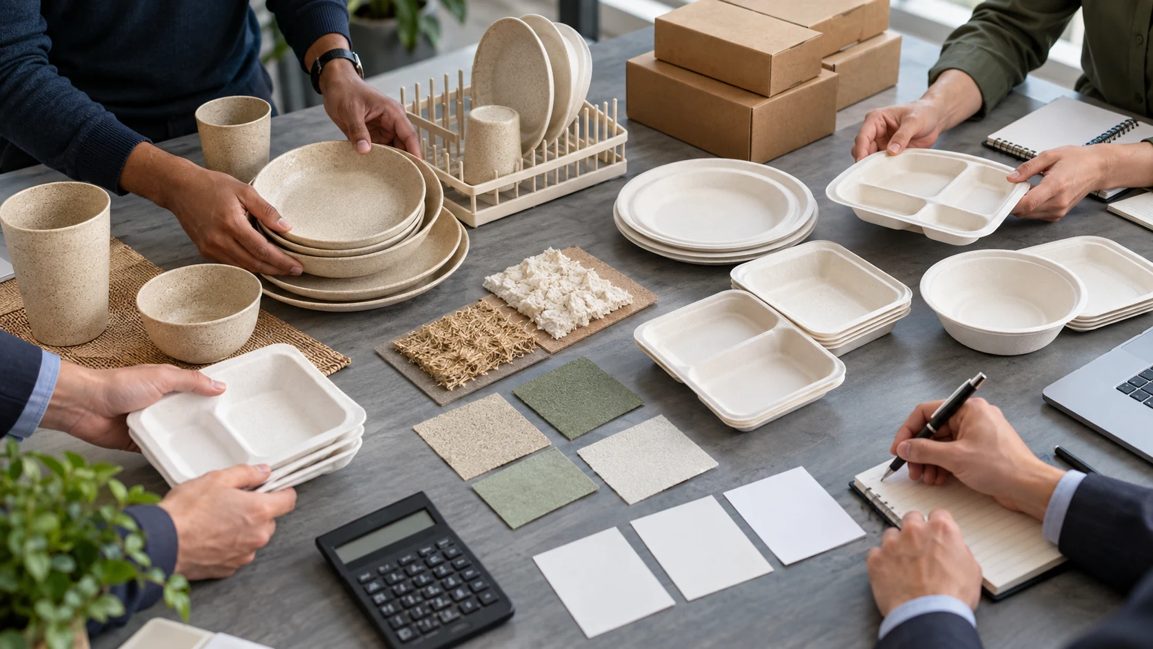 Procurement team scores wheat straw composite and bagasse tableware against market and operations criteria