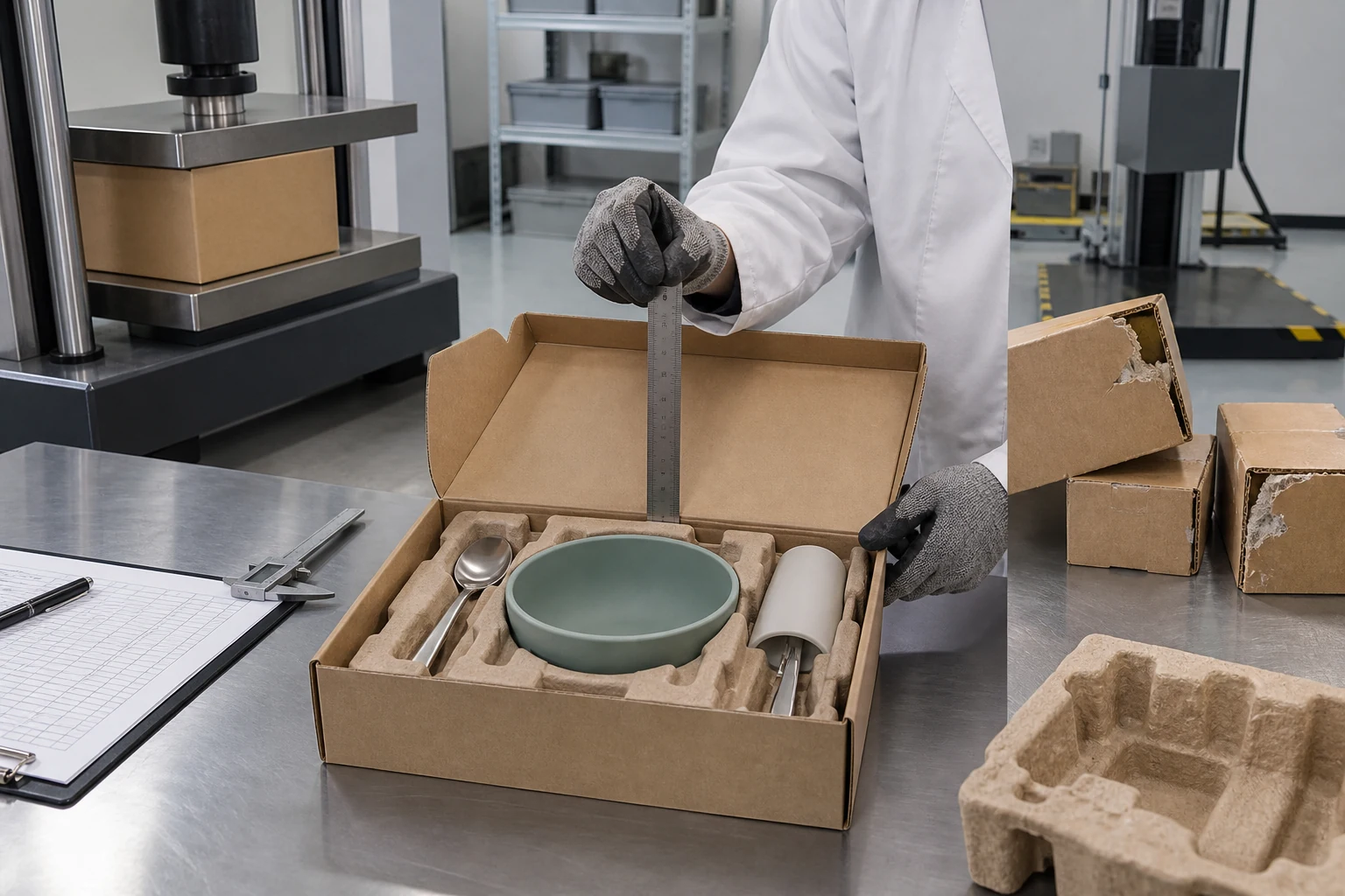 Packaging engineer tests compact tableware carton protection and empty space