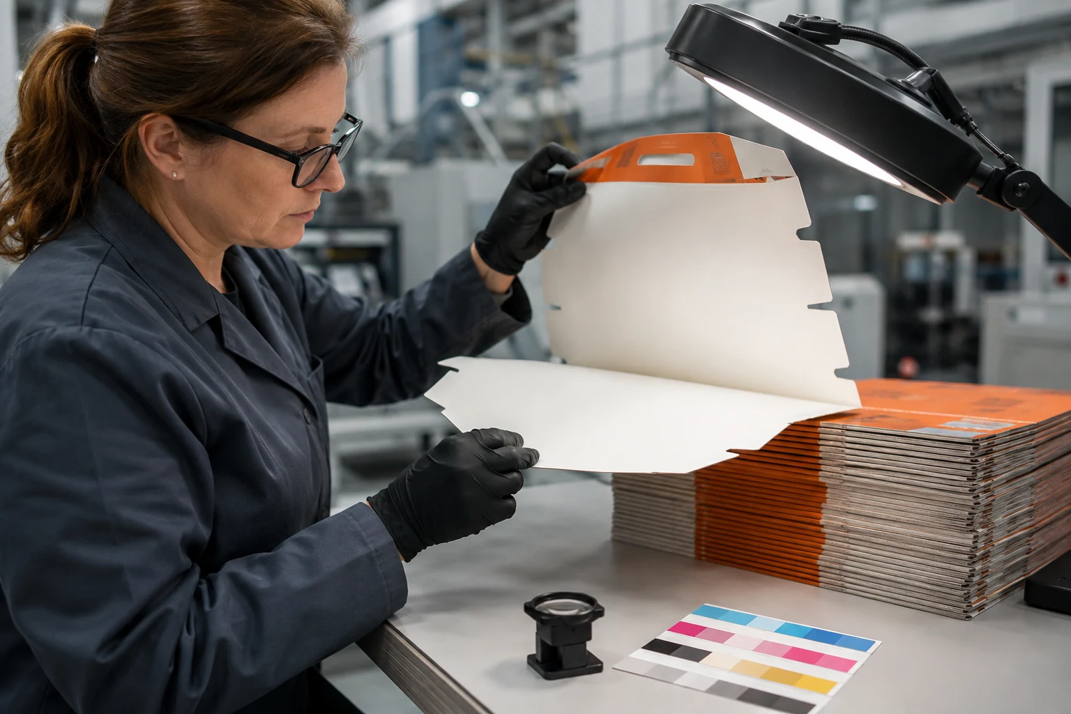 Stacked printed food cartons inspected for ink set-off and unintended transfer risk
