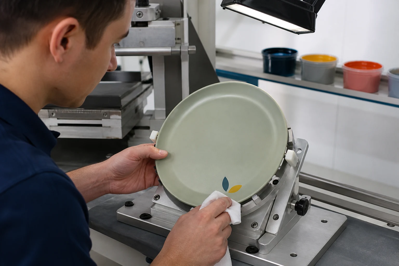 Technician applies and inspects a printed logo on reusable tableware samples
