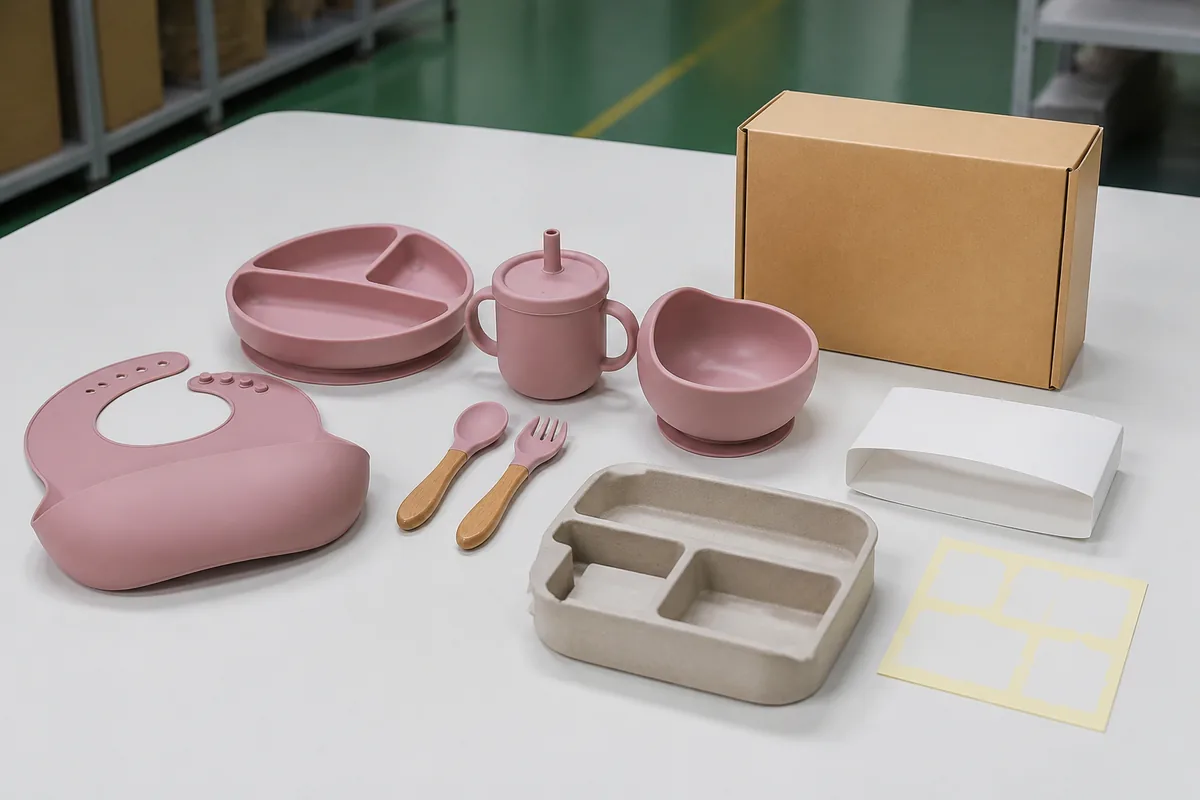 Silicone baby feeding set beside retail carton sleeve labels and molded insert