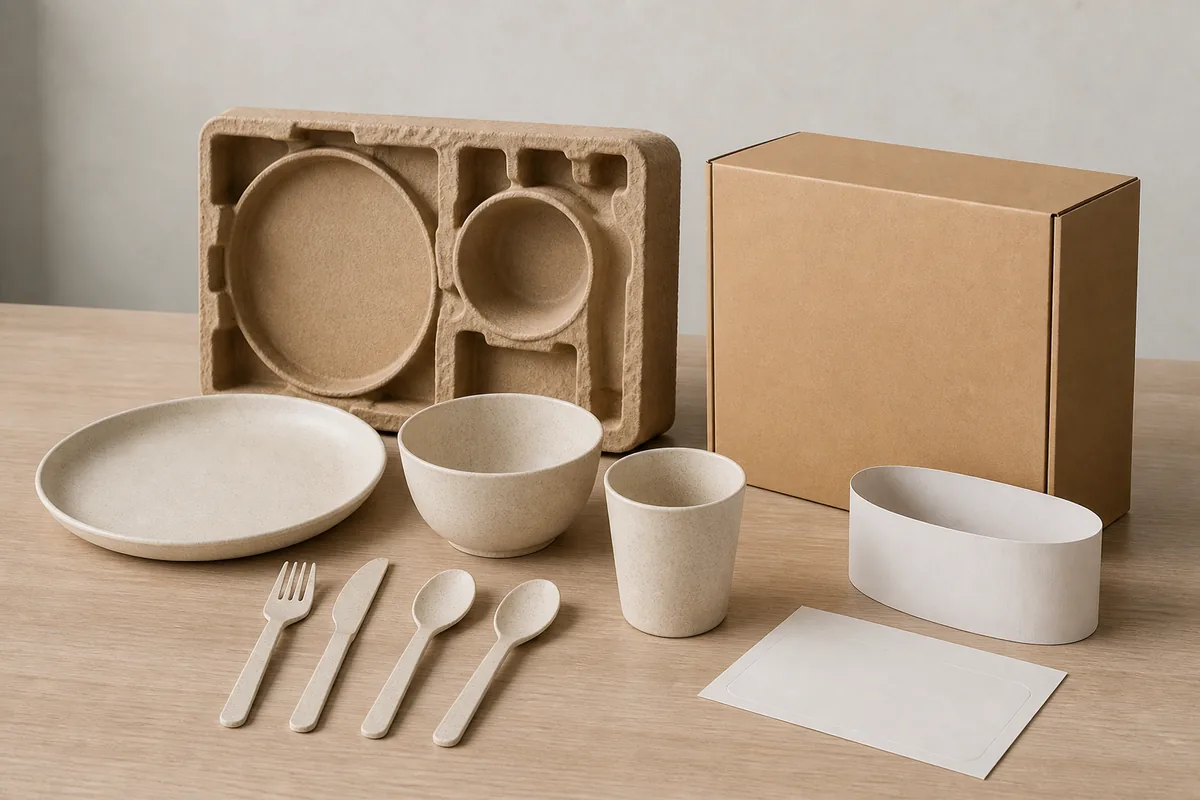 Wheat straw dinnerware set beside private label carton insert sleeve and label