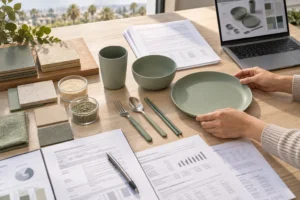 Buyer reviews Prop 65 tableware requirements with product samples and California compliance records