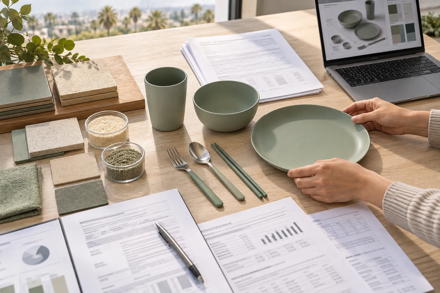 Buyer reviews Prop 65 tableware requirements with product samples and California compliance records