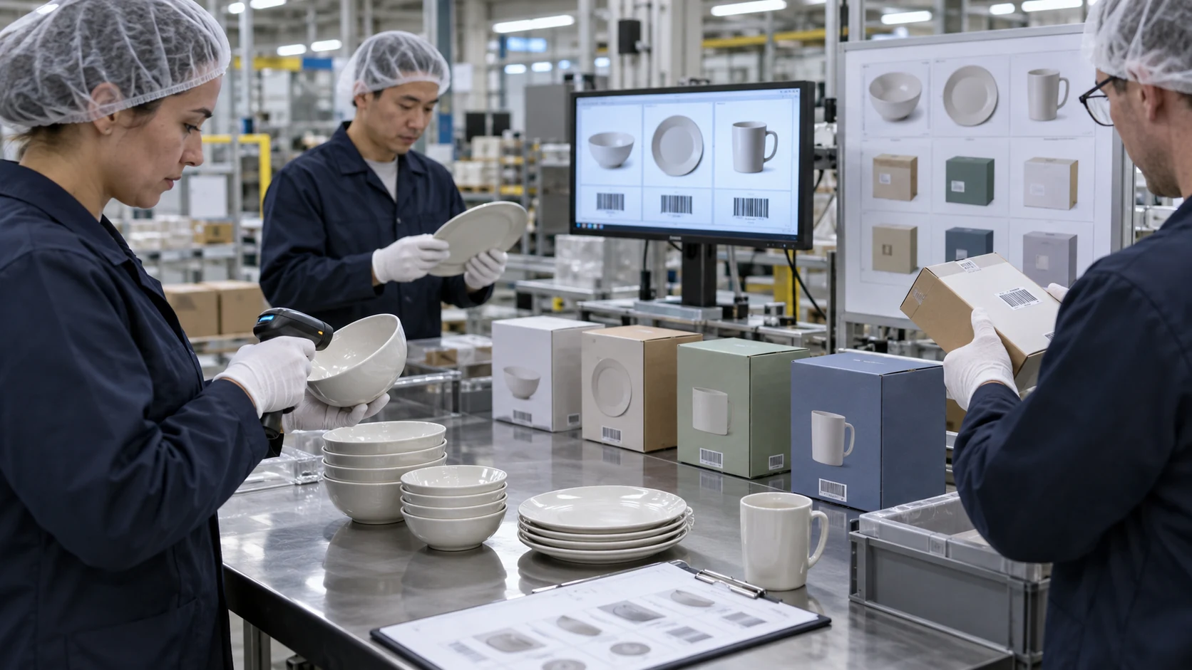 Factory quality team releases regional tableware variants using controlled samples labels and records