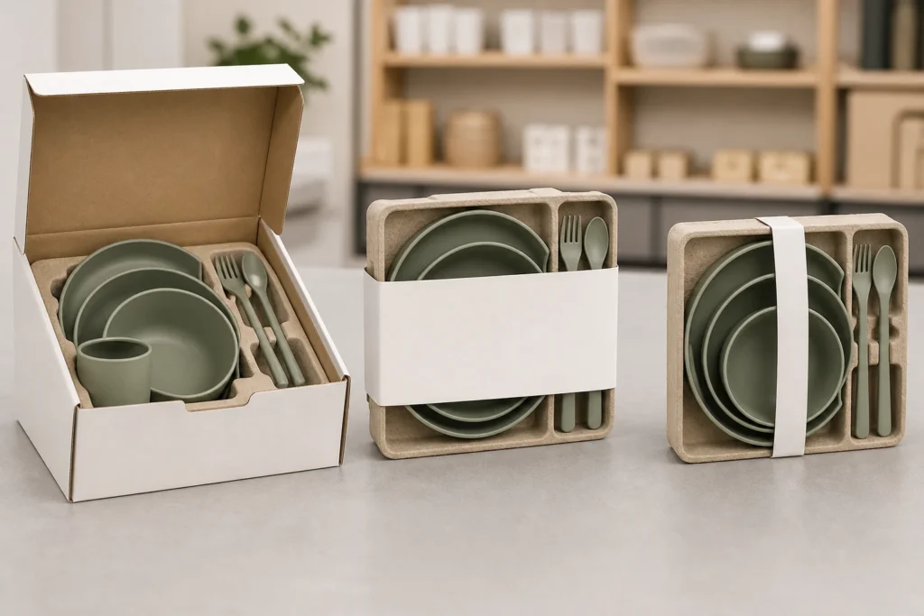 Retail box vs sleeve packaging comparison with belly band around custom tableware sets