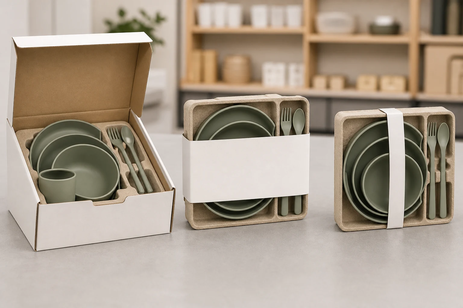 Retail box vs sleeve packaging comparison with belly band around custom tableware sets