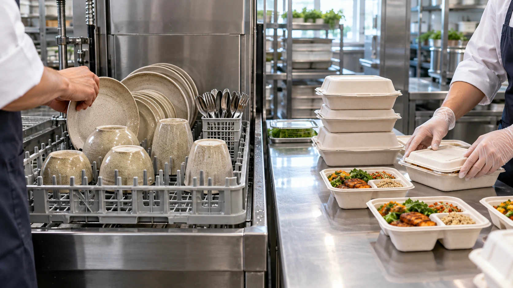Hospitality buyer compares reusable wheat straw composite place settings with bagasse serviceware