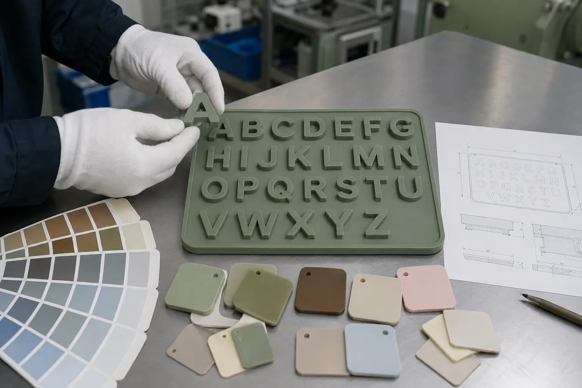 Silicone alphabet chocolate mold reviewed with color swatches and design drawings
