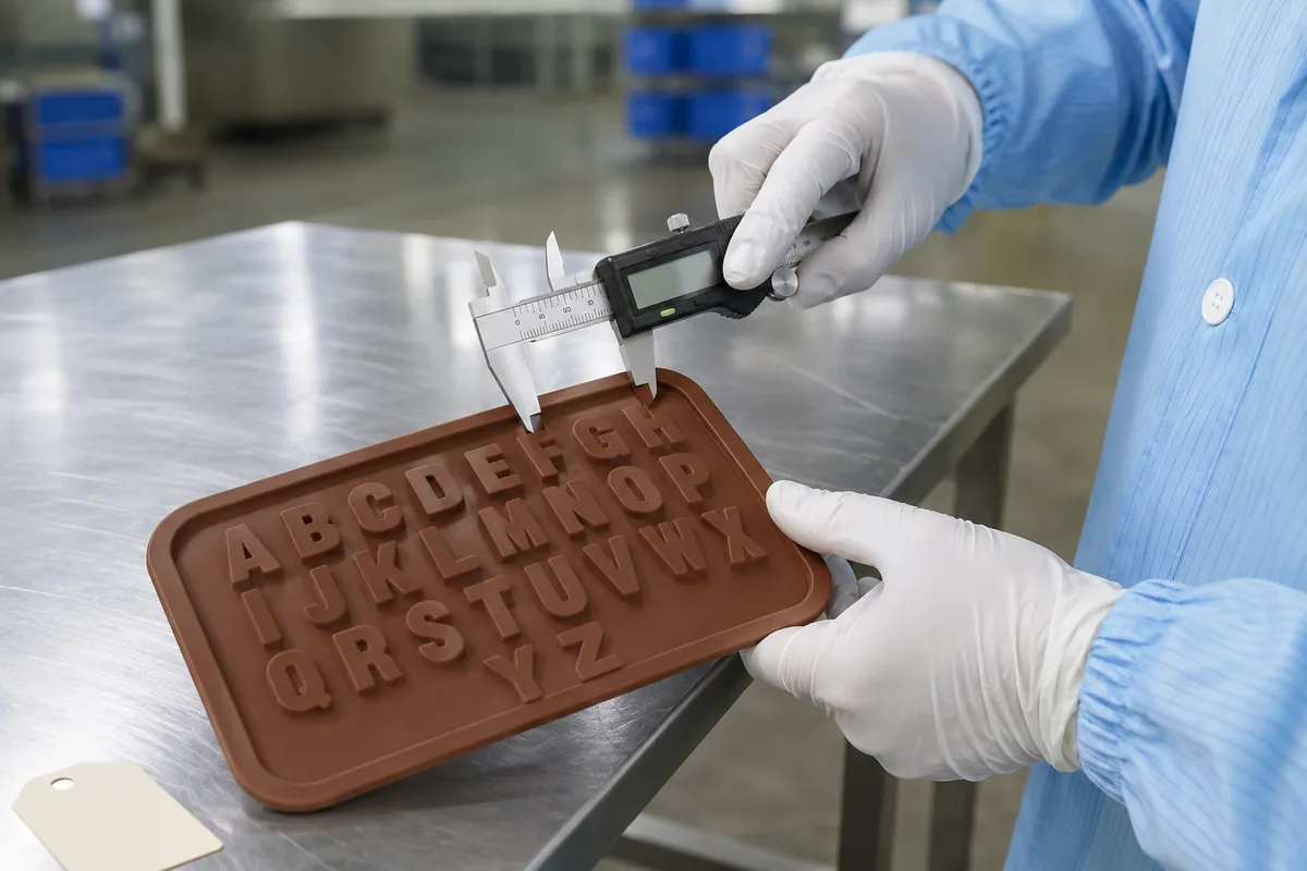 Factory technician measuring a silicone alphabet mold with digital calipers