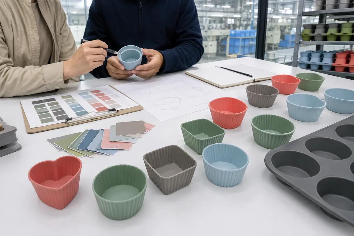 Heart round and square silicone baking cup concepts reviewed with color swatches and product drawings