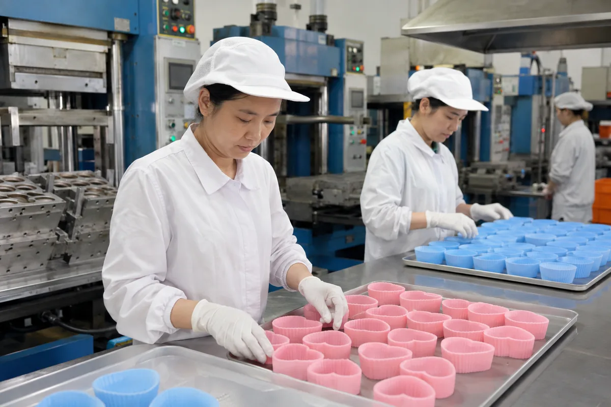 Workers handling silicone heart and round baking cups during controlled factory production