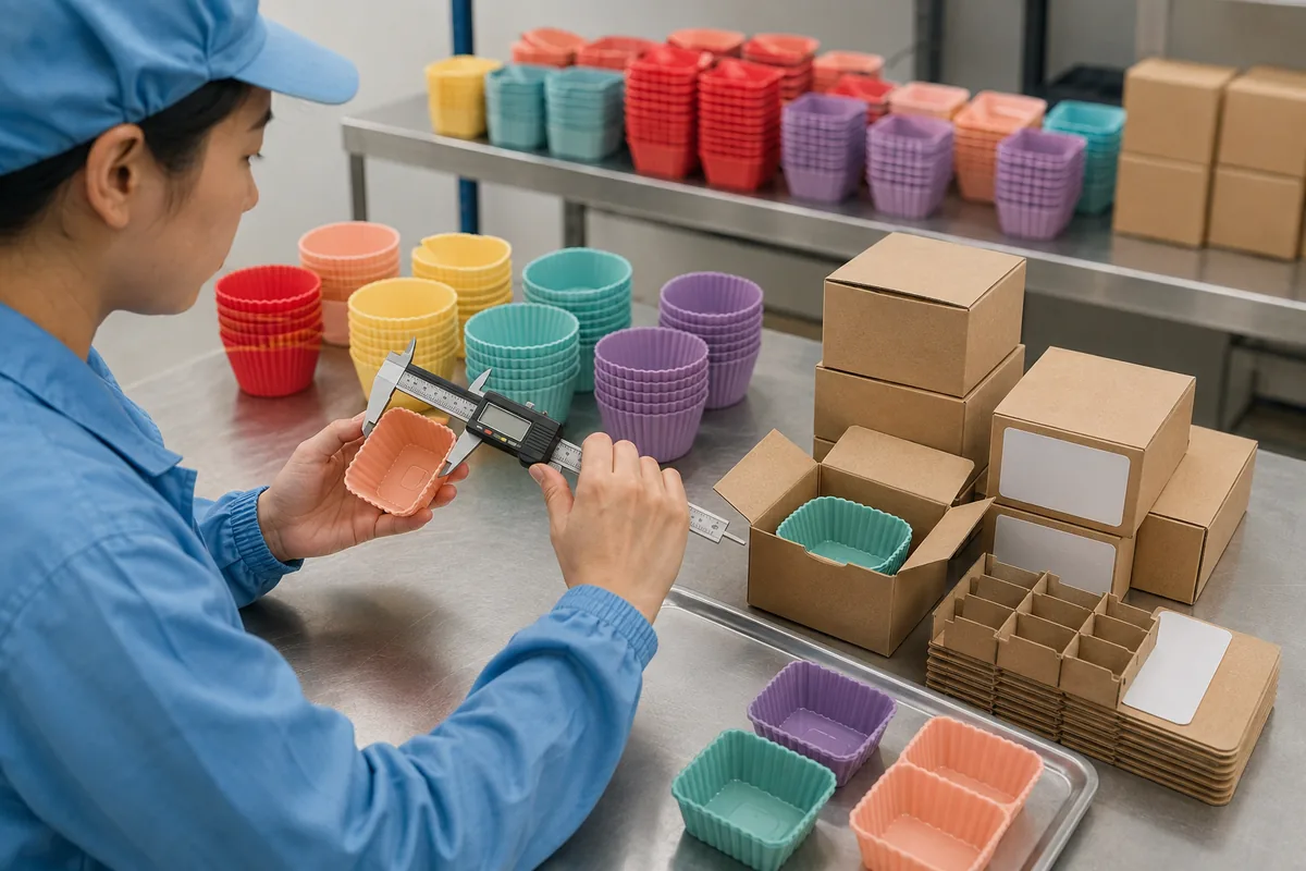 Inspector measuring a square silicone baking cup beside private-label packaging components