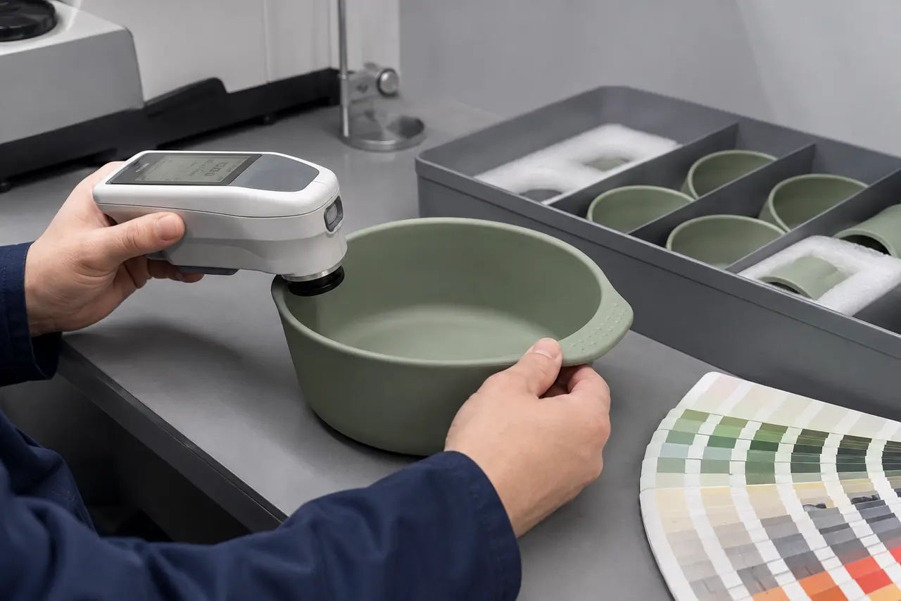 Technician measuring a silicone bowl beside retained color standards with a spectrophotometer