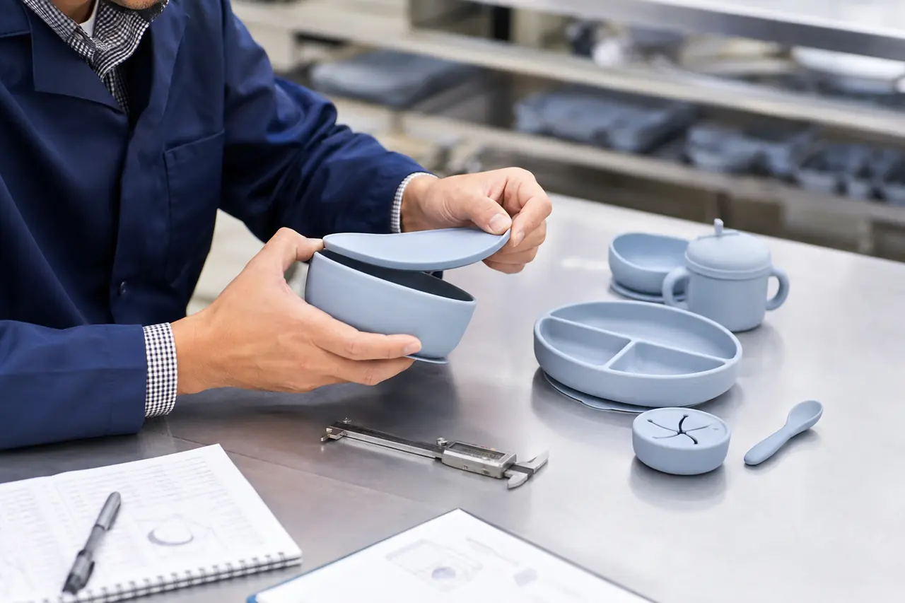 Factory engineer checking lid fit suction contact and component compatibility in a silicone feeding set