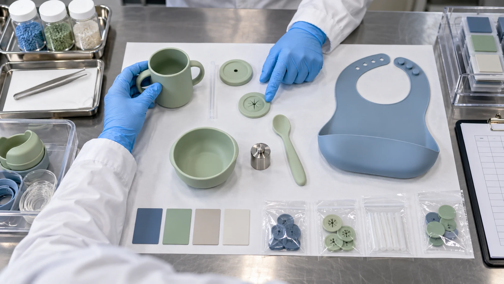 Compliance team maps accessible silicone plastic metal and printed components in a baby feeding set