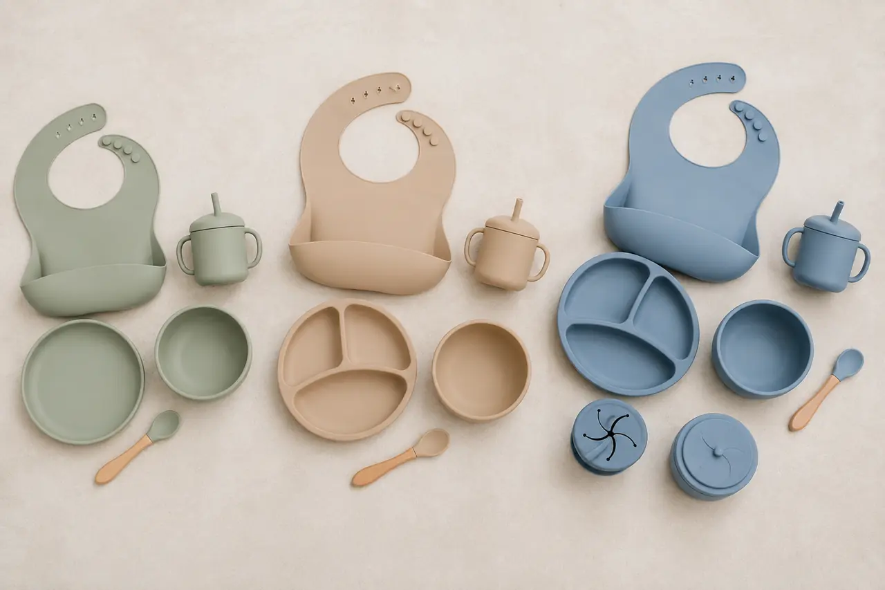 Three silicone baby feeding set component configurations arranged for buyer comparison