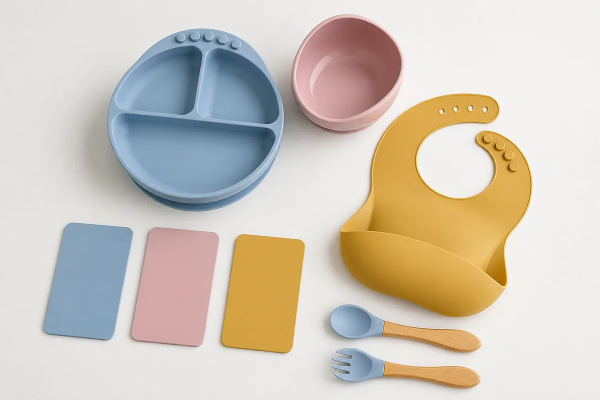 Silicone baby plate bowl bib and utensils with OEM color references