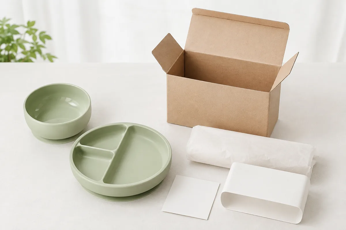 Silicone baby feeding sets compared in sleeves retail boxes and shipping carton trial packs