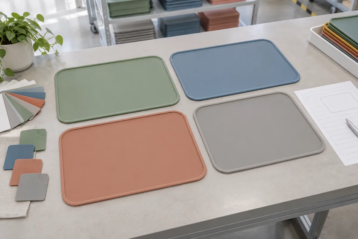 Four silicone kids placemat color samples arranged with physical color reference swatches