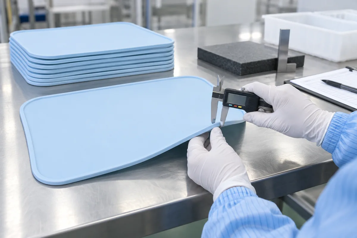 Factory technician measuring the raised edge thickness of a blue silicone kids placemat
