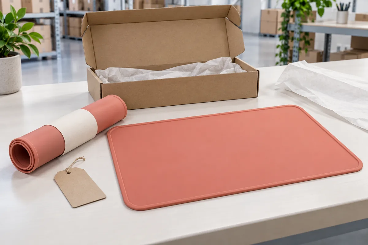 Coral silicone kids placemat displayed rolled and flat beside blank private-label packaging components