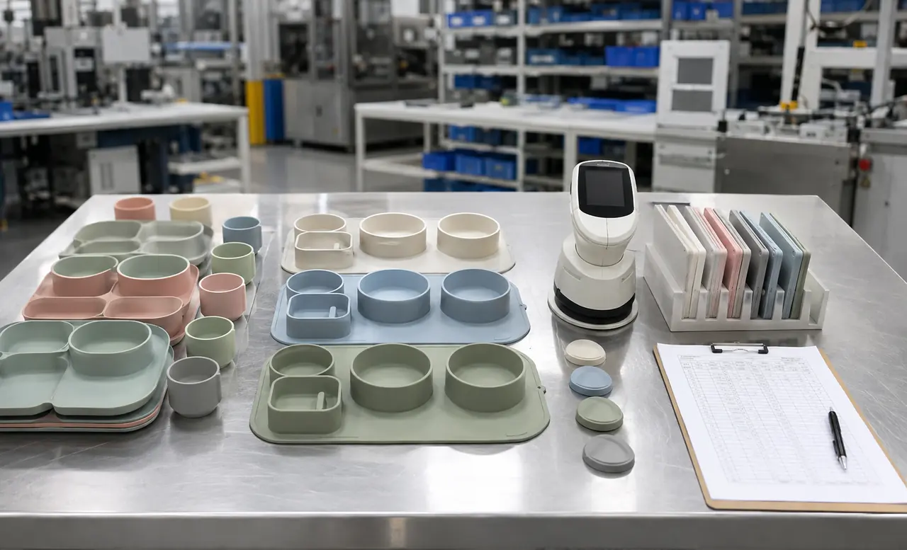 Silicone tableware production samples arranged for batch and cavity color inspection
