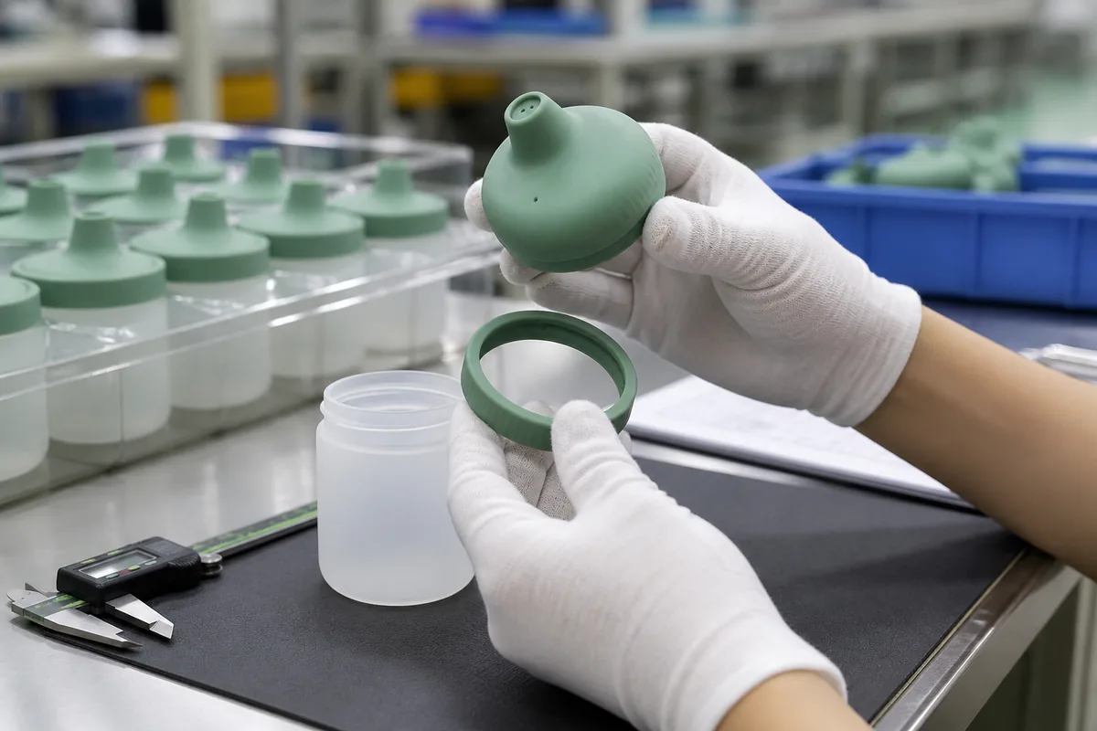 Factory inspector reviewing silicone spout lid ring and translucent sippy cup body components
