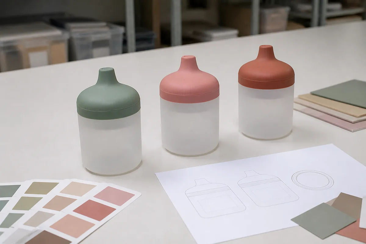 Three silicone baby sippy cups in sage rose and clay beside OEM color references