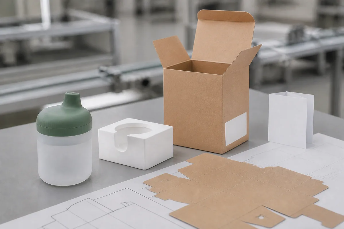 Silicone baby sippy cup beside blank carton insert leaflet and packaging dieline materials