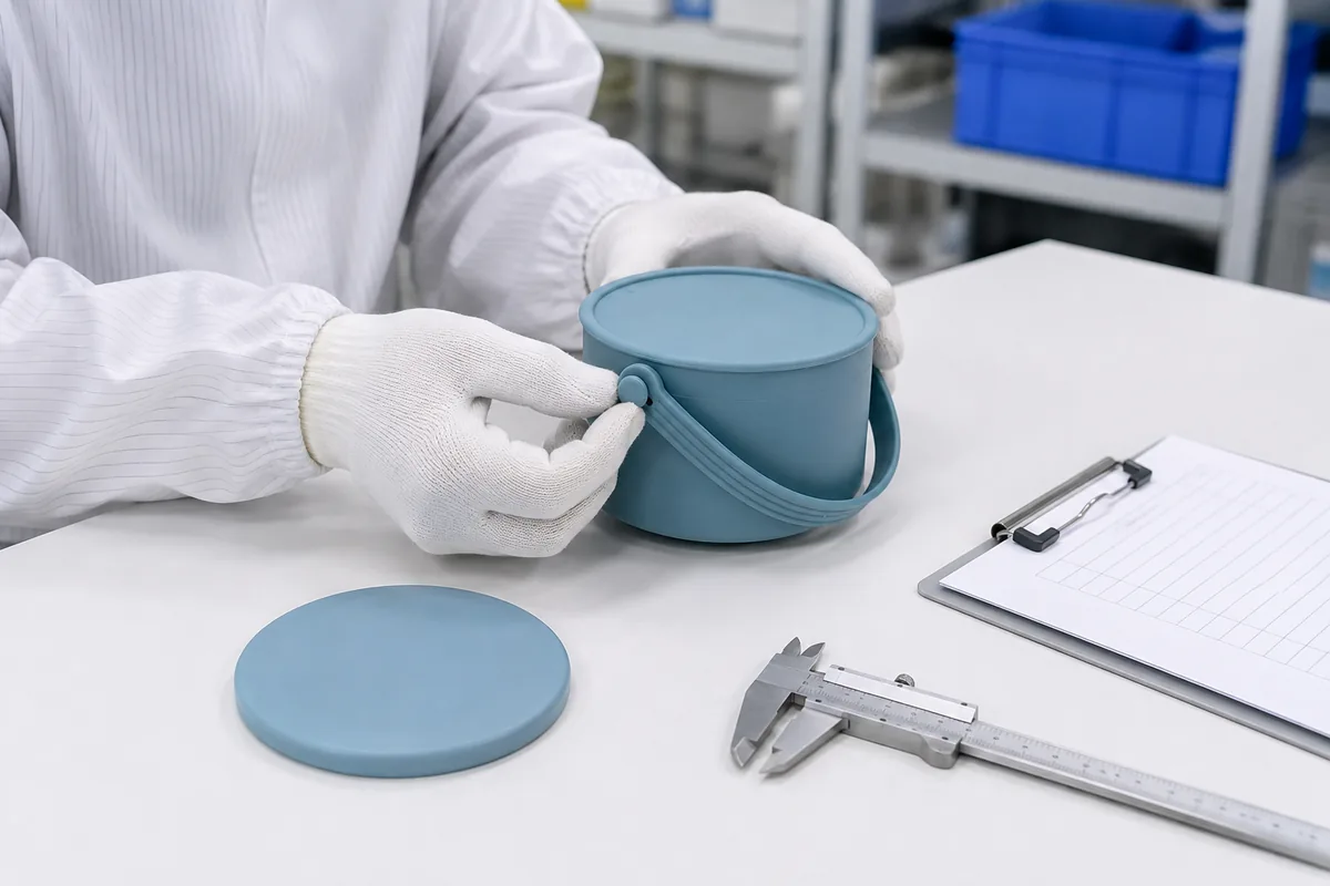 Factory inspector checking the carry handle and flat cover fit on a silicone snack bowl