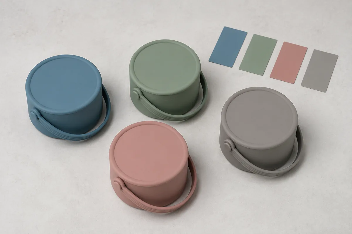 Four handled silicone snack bowls arranged with OEM color swatches