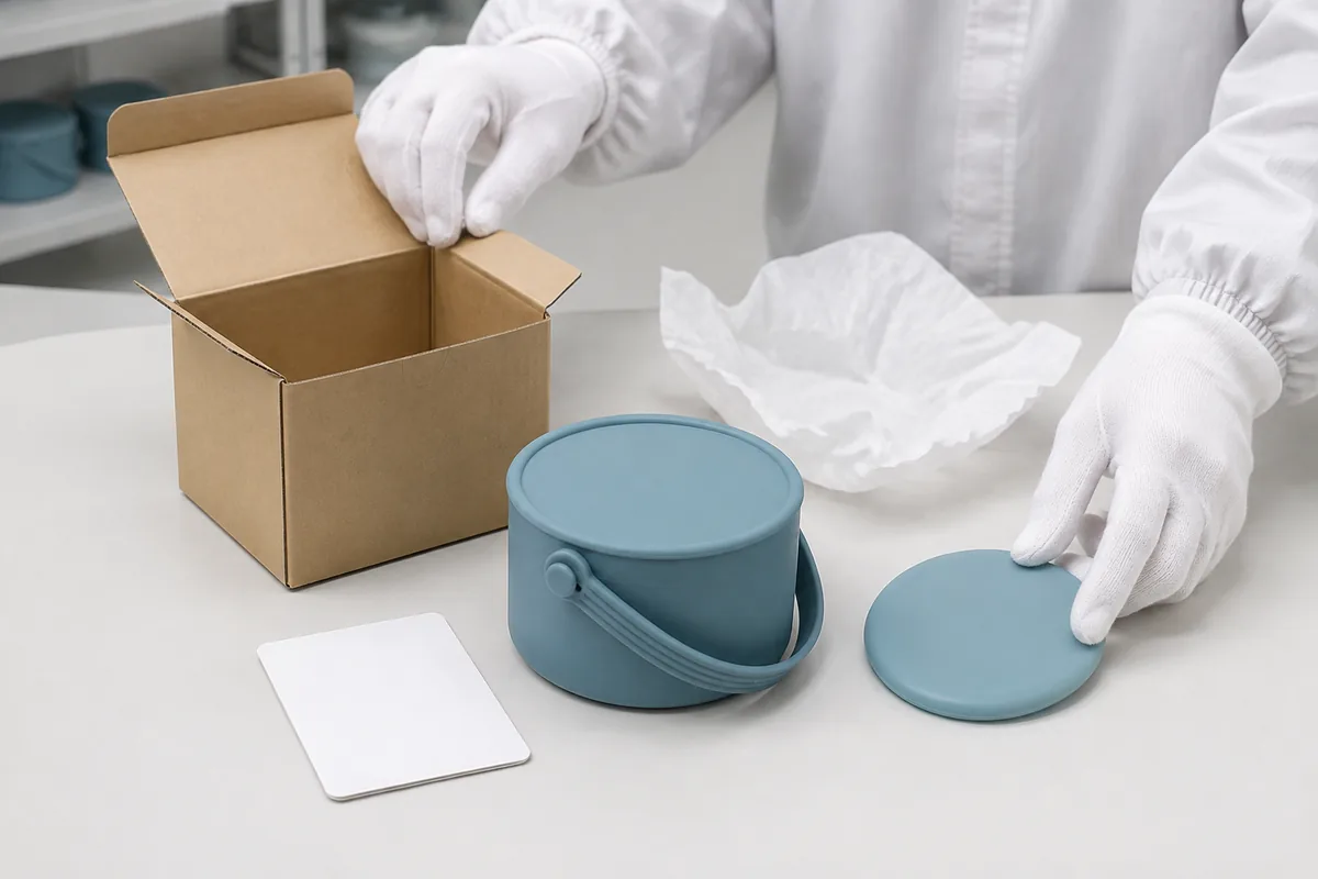 Handled silicone snack bowl beside plain kraft packaging and a blank insert