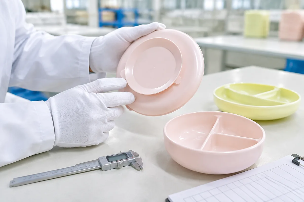 Factory technician inspecting the suction base of a liquid silicone feeding plate