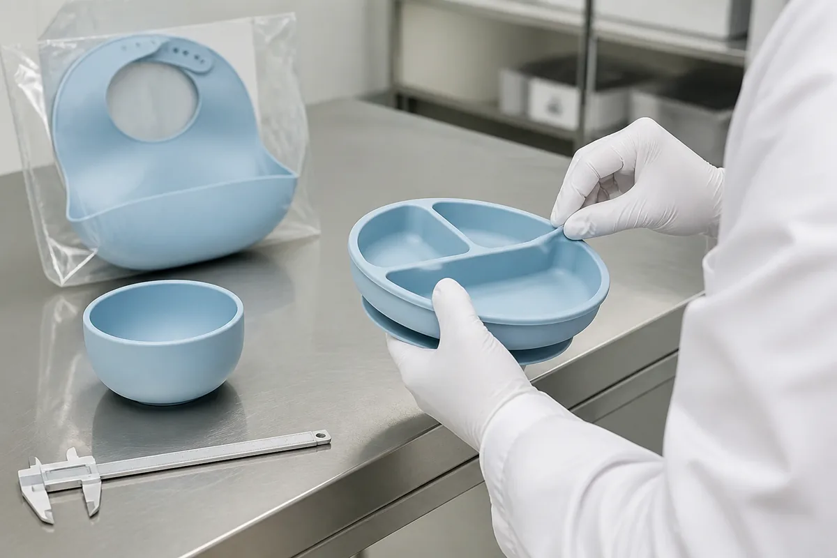 Factory inspector checking the suction base and rim of a silicone baby plate