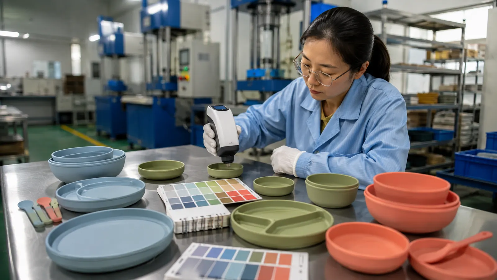 Silicone tableware color tolerance review with a factory quality engineer color standards and measuring instrument