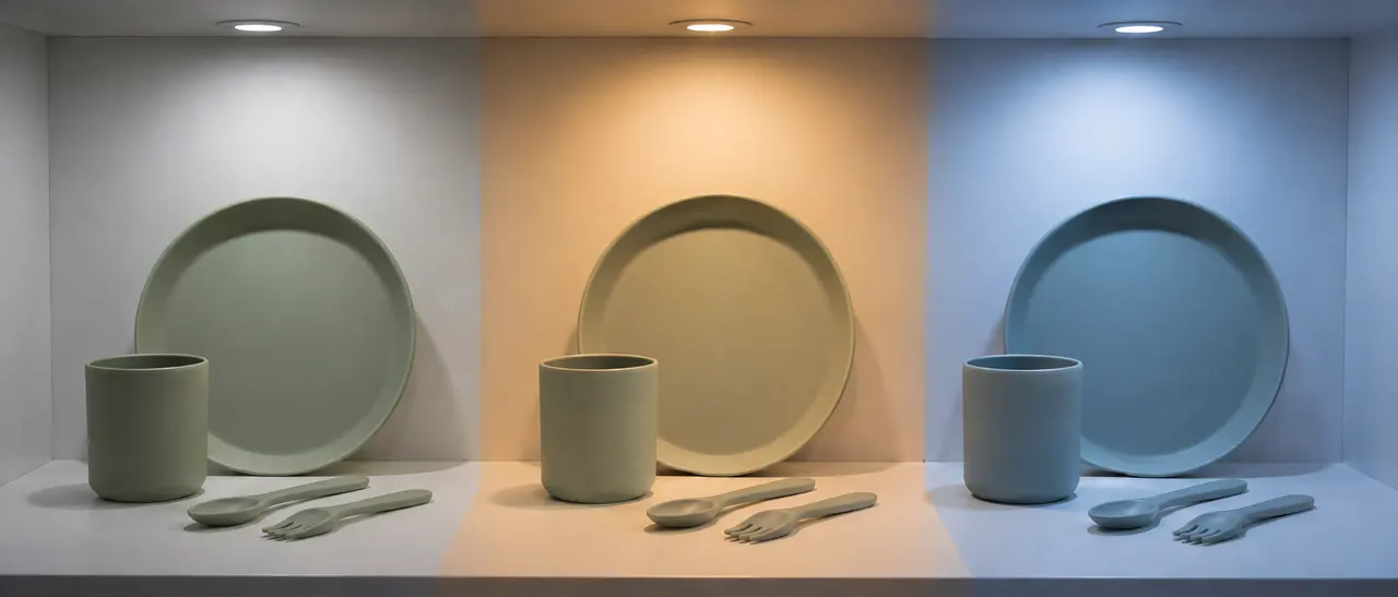 Silicone tableware compared under daylight warm retail and cool warehouse lighting