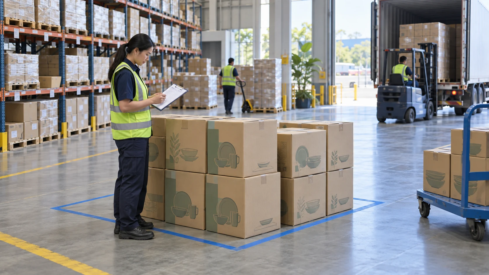 Priority tableware cartons separated for an early split shipment while balance stock remains staged