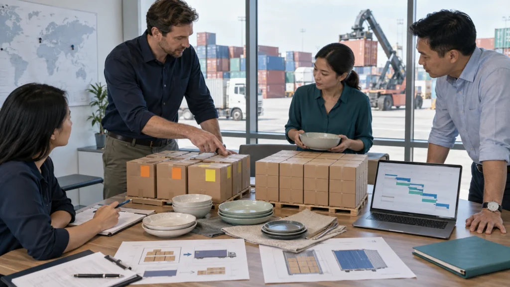 Split shipment vs consolidated container options for private-label tableware reviewed by a procurement team