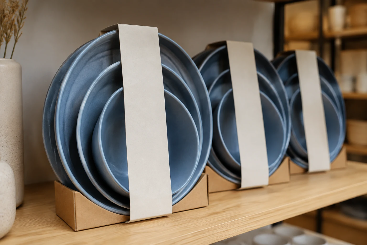 Minimal paper belly band wrapped around visible reusable tableware set for retail display