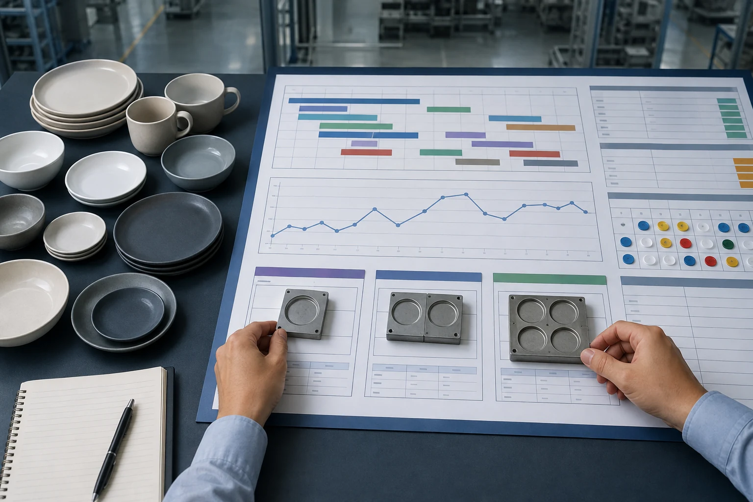 Tableware samples and production schedule used to compare mold cavity capacity scenarios