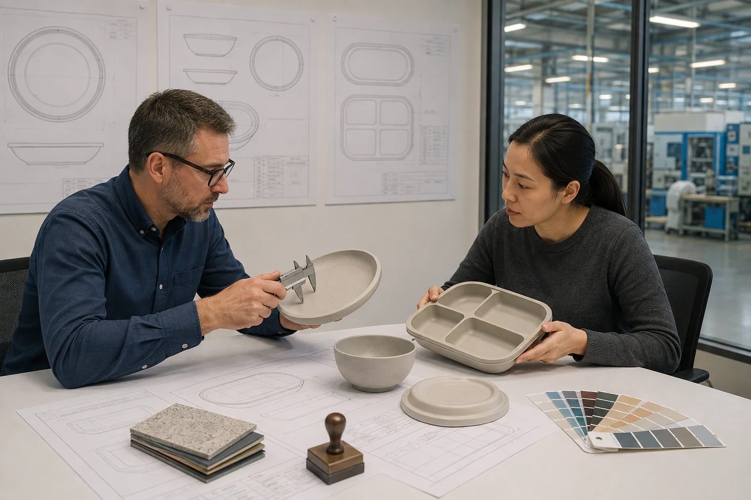 Engineering team reviews controlled tableware drawing revision and product requirements