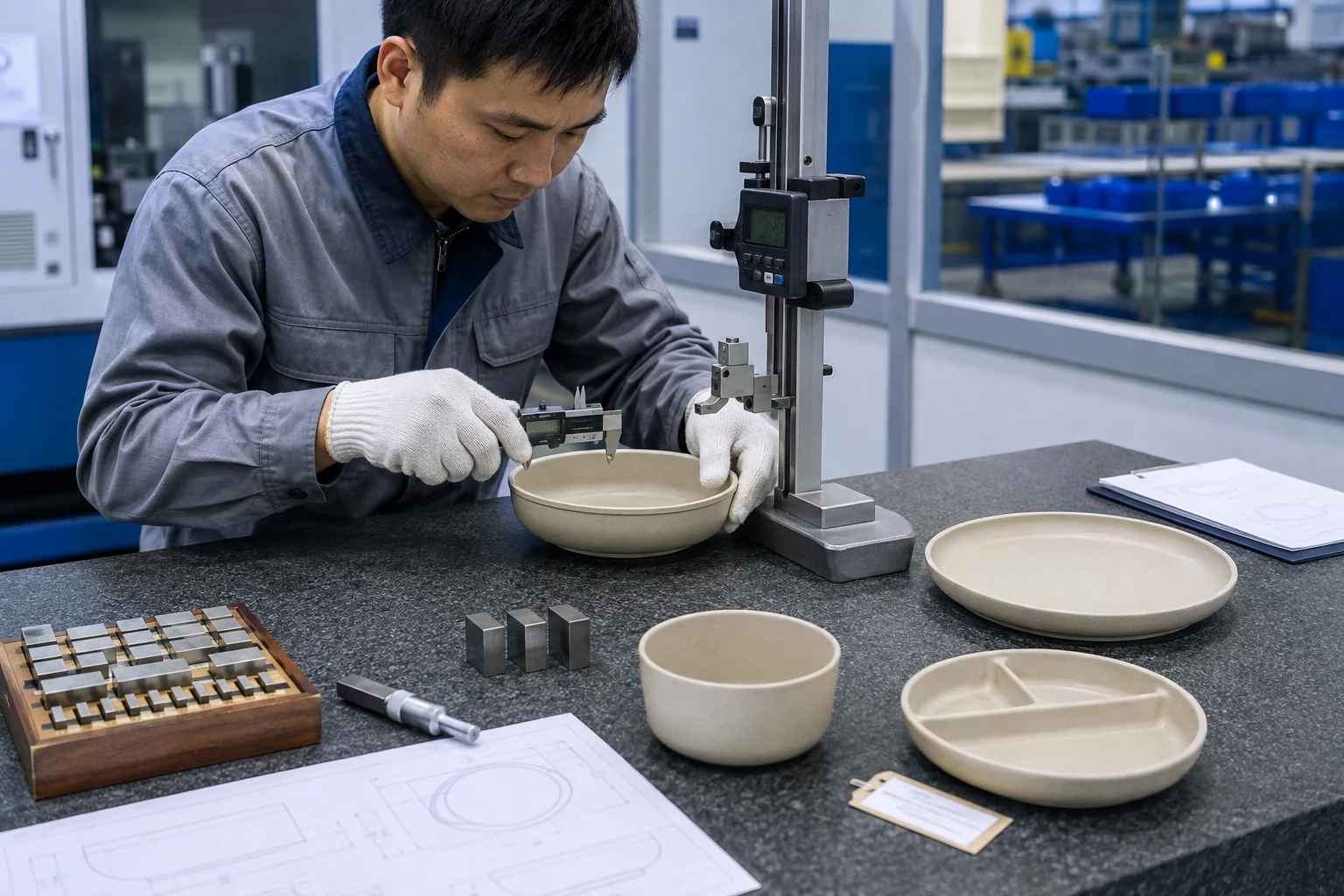 Quality technician measures custom tableware dimensions for a first article inspection report